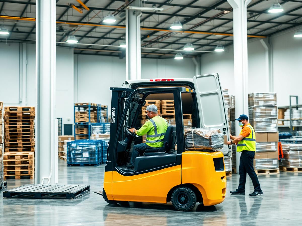 Freight and pallets being handled in a warehouse